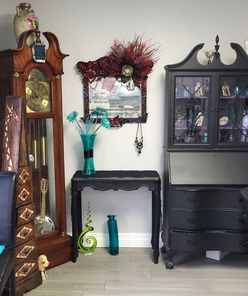 Large Antique Refurbished Skull Mirror in Red and Black with Bats & Spiders