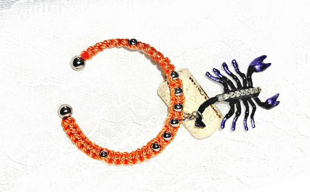 Orange & Black Open Bracelet with Creepy Black Gem Encrusted Clear Rhinestones, For Halloween, Punk or Goth
