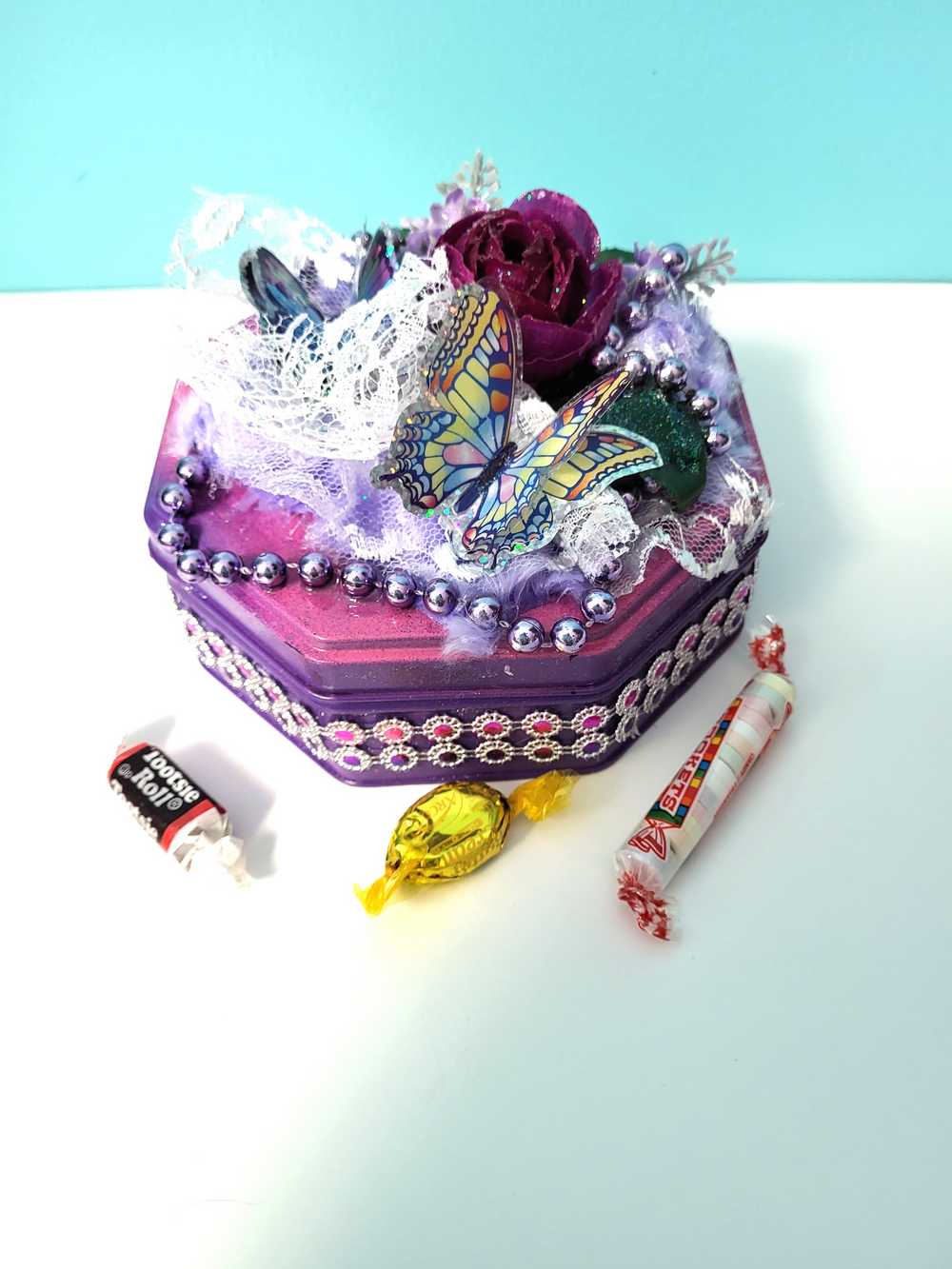 Tin Box Repurposed into a Jewelry Box, Two Butterflies and Deep Purple Rose on Lace