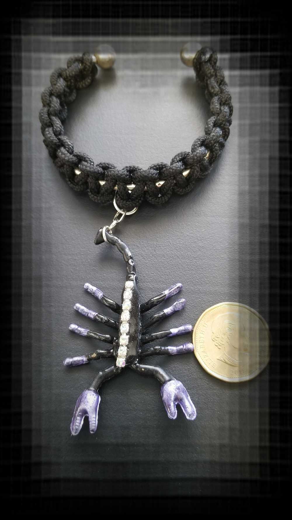 Creepy, Scary, Black Braided Open Bracelet with a Black & Purple Gem Encrusted Scorpion for Halloween or Everyday Wear