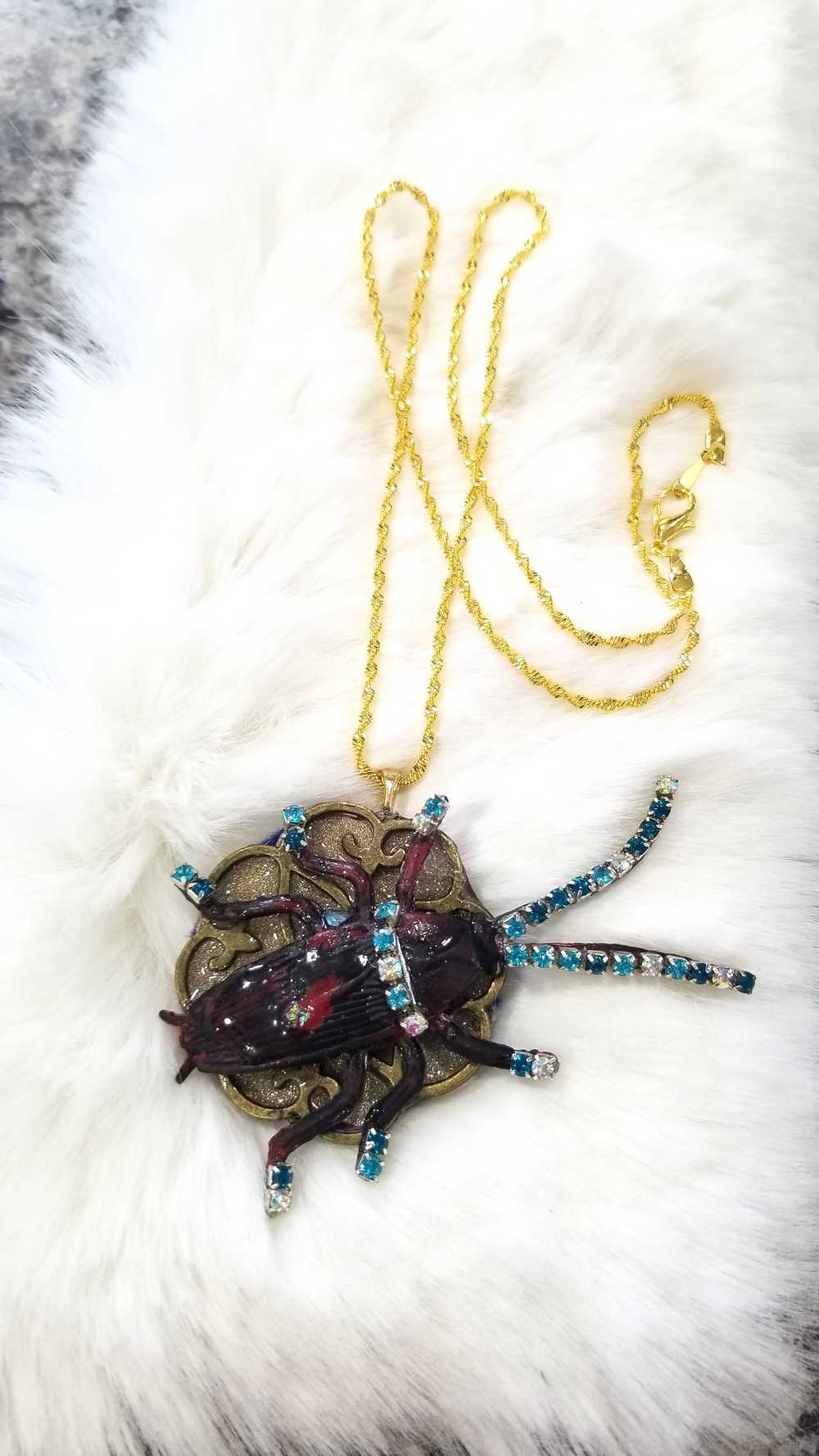 Beetle Bug Necklace for Halloween or Everyday Wear, Teal & Clear Rhinestones