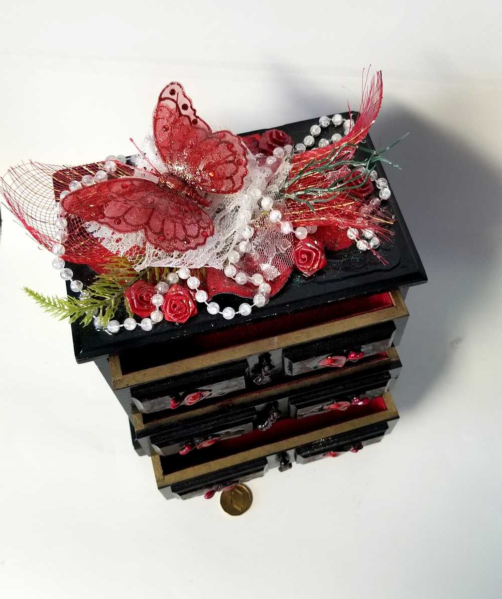 Black & Red 3 Drawer Ladies Jewlery Box with a Red Butterfly, Red & White Lace with Hearts on the Handles