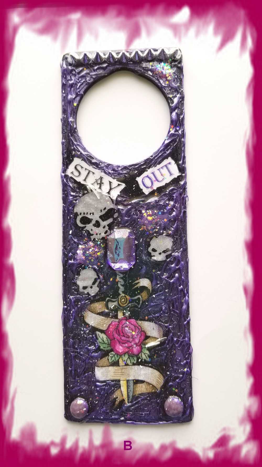 "Stay Out" Door Knob Signs with Skulls, a Dagger, a Rose and a Heart in Black & Purple