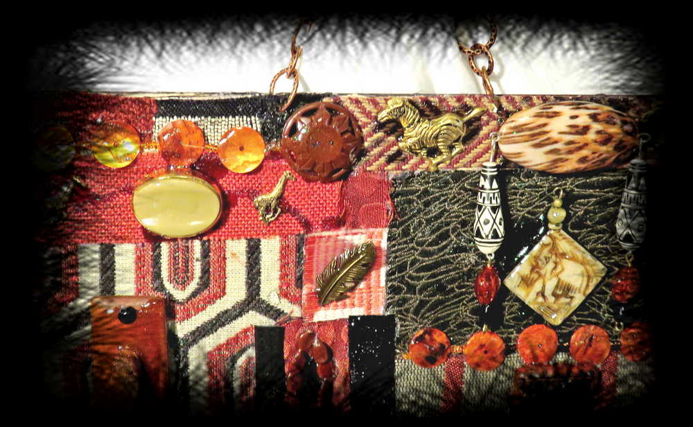 "SAFARI" Wild Animals & Fabric Wall Art In Deep Oranges & Browns, Abstract Art, One of a Kind Artwork