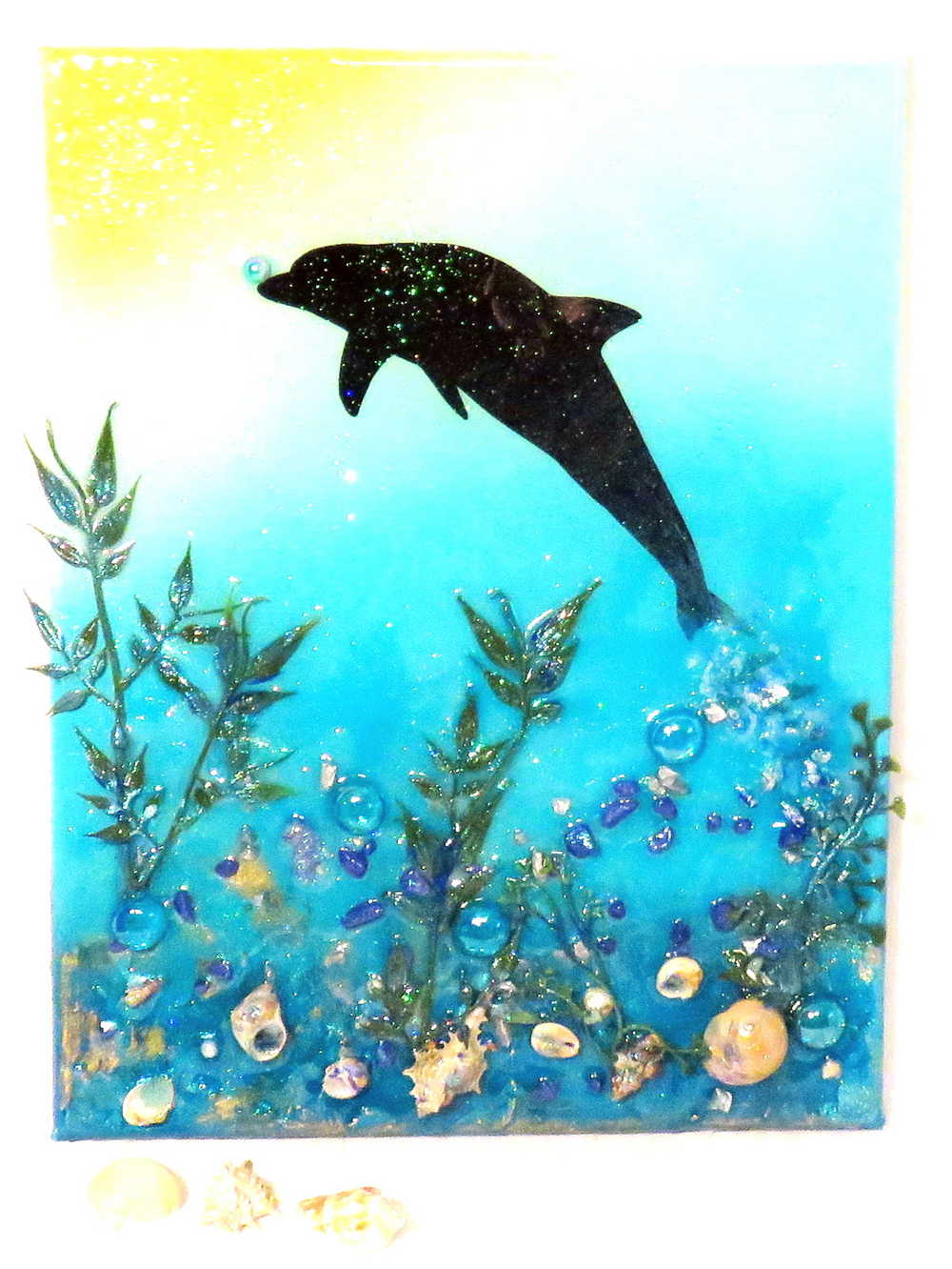 3D Canvas Resin Art with a Silhouette of a Dolphin, Seashells, Rocks and Foliage, 30 x 40 cm