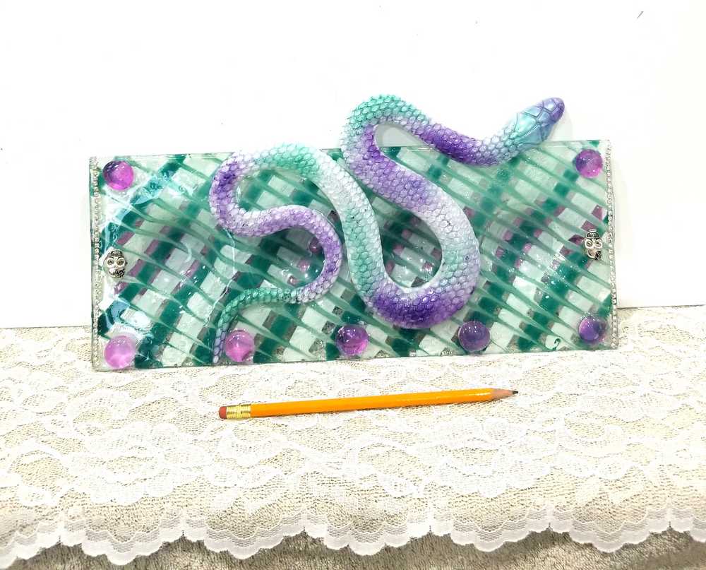 Teal & Purple Glass 4 Candle Holder with Resin Snake, Candy Dish