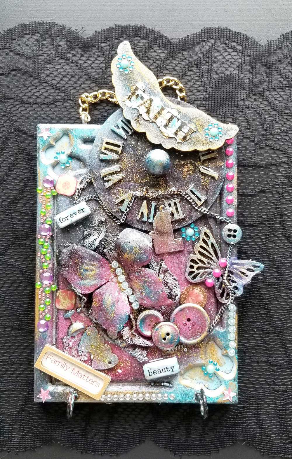 "Faith" Wood Wall Decor With Clock Face, Angel Wings & Butterflies, with Key Hooks