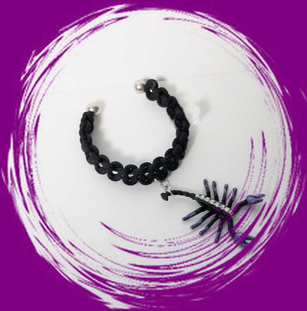 Creepy, Scary, Black Braided Open Bracelet with a Black & Purple Gem Encrusted Scorpion for Halloween or Everyday Wear