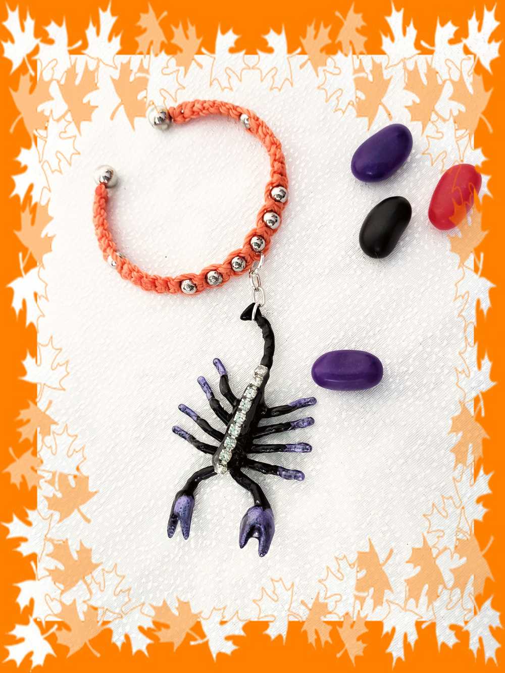 Orange & Black Open Bracelet with Creepy Black Gem Encrusted Clear Rhinestones, For Halloween, Punk or Goth