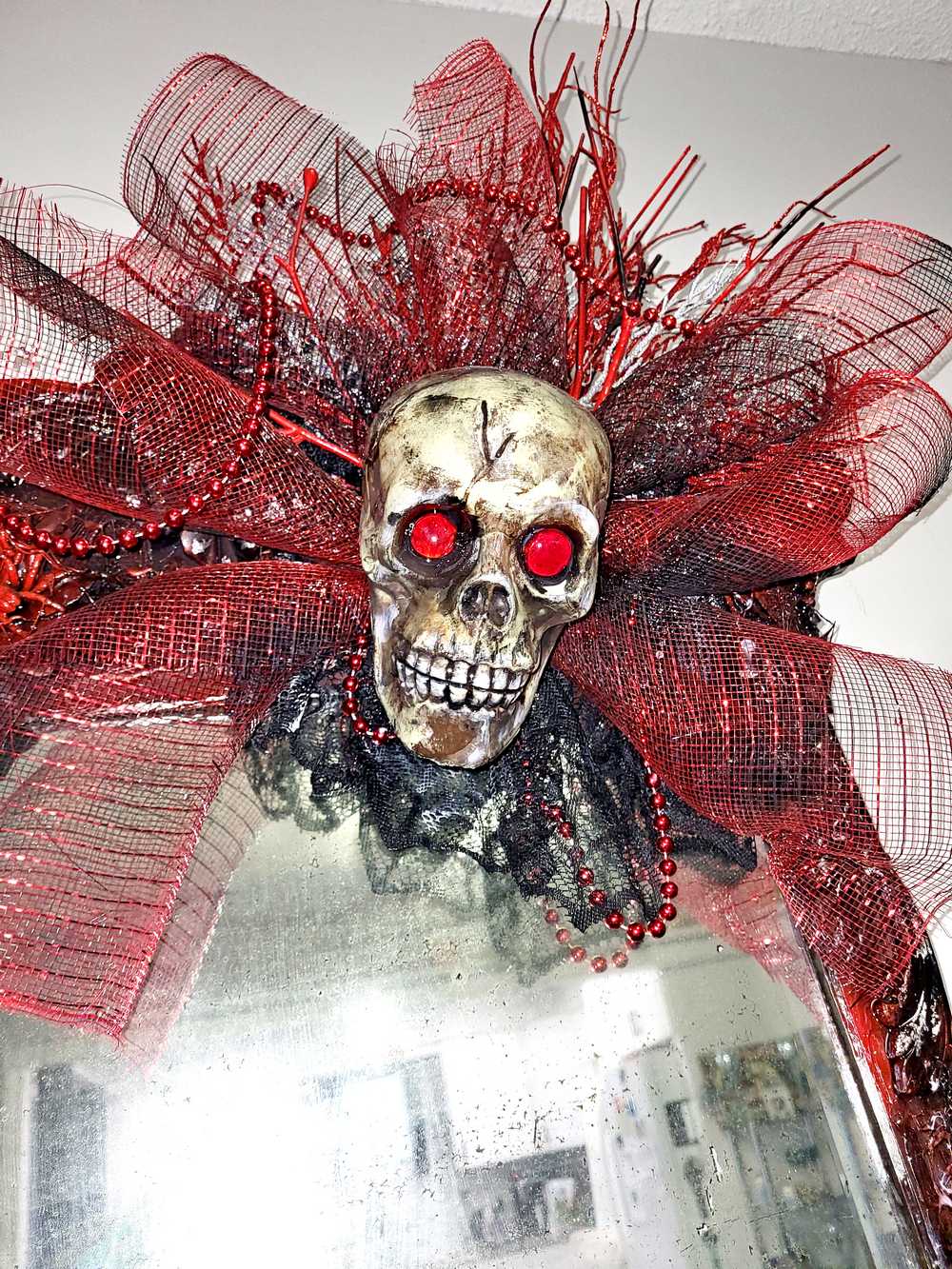 Large Antique Refurbished Skull Mirror in Red and Black with Bats & Spiders
