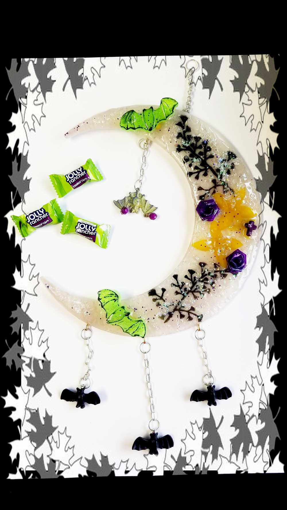 Resin Quarter Moon Bats, Spiders and Flowers