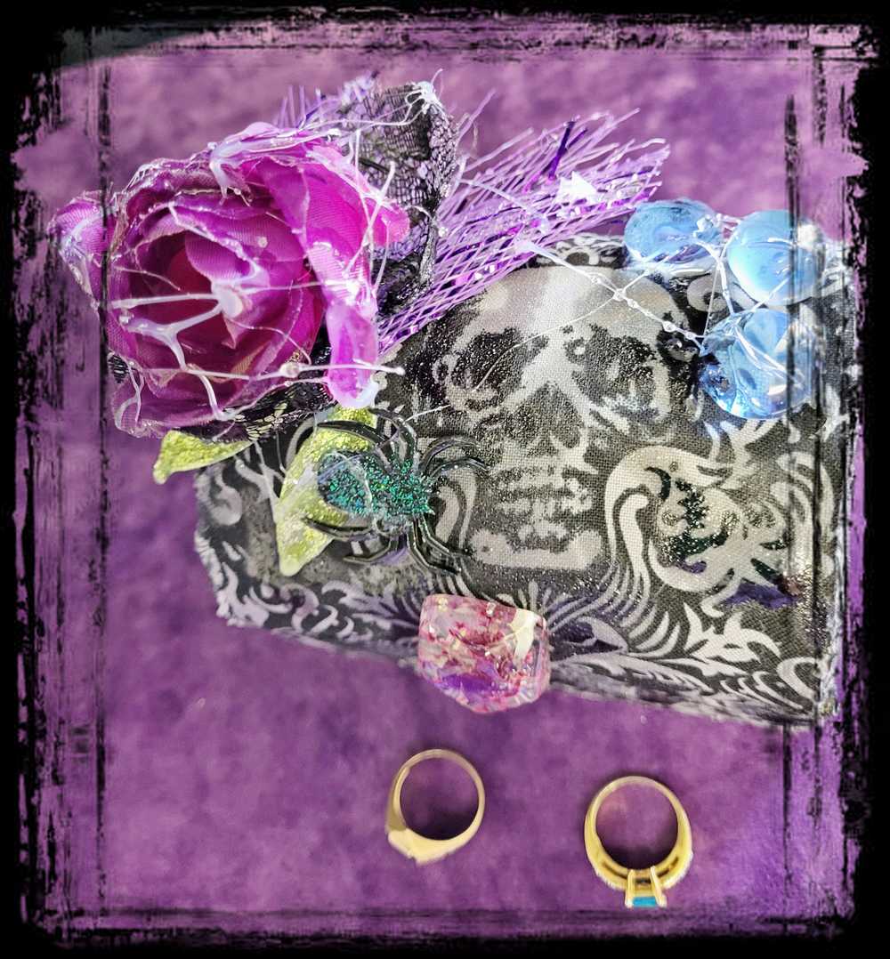 Hump Back Jewelry, Stash, Trinket Box, Covered with Black Skull Fabric, a Purple Rose, Blue Glass Cabochons, Spider,