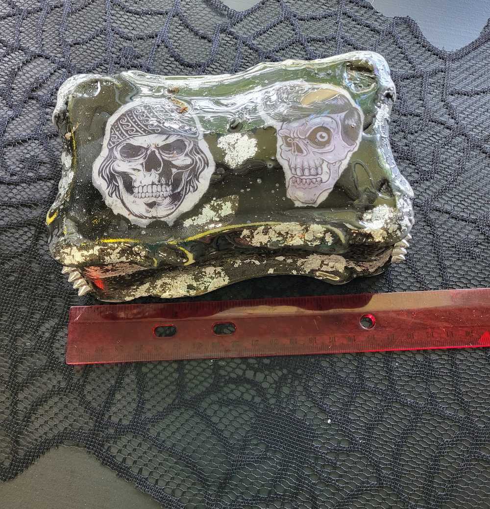 Black Painted Porcelain Trinket/Stash, Jewelry Box with Skull Faces and Silver Studded Domes