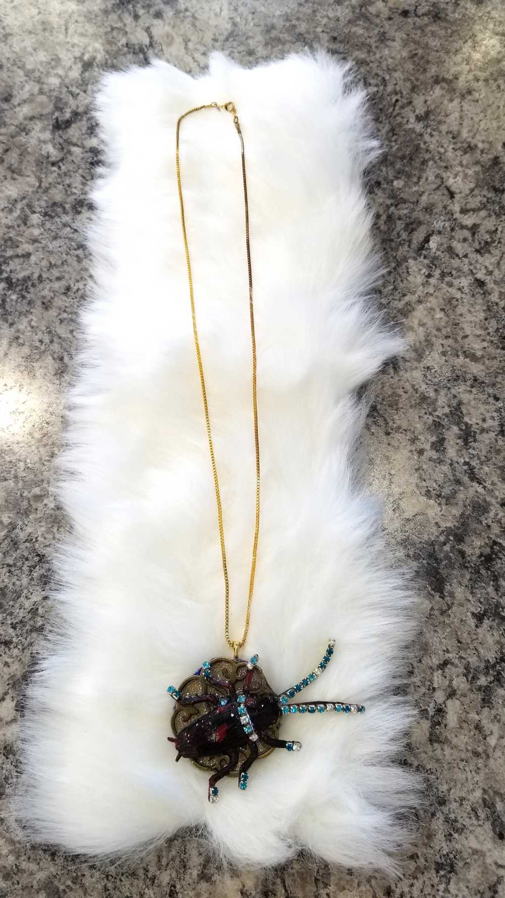Beetle Bug Necklace for Halloween or Everyday Wear, Teal & Clear Rhinestones