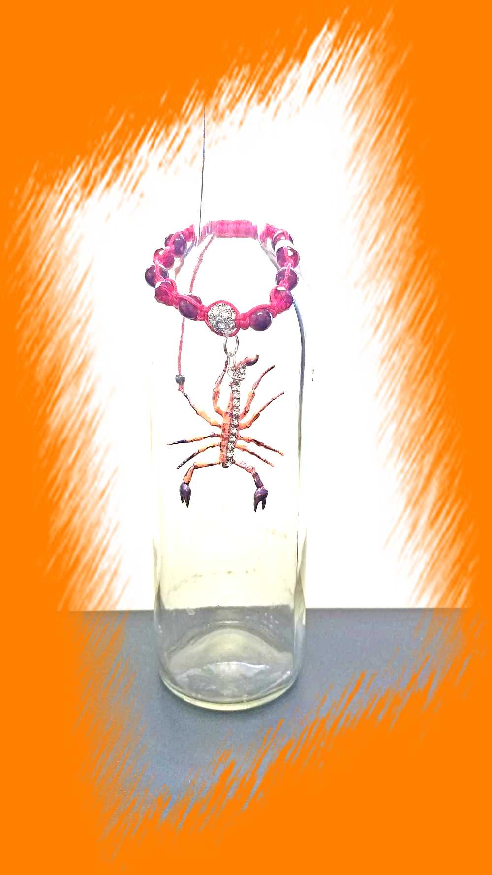 Orange Rhinestone Encrusted Scorpion Braided Bracelet for Halloween, Punk, Goth or Everyday.