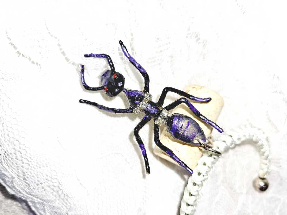 Giant Black Ant Bracelet Encrusted with Rhinestones For Halloween, Punk, Goth, White Braided Open Bangel