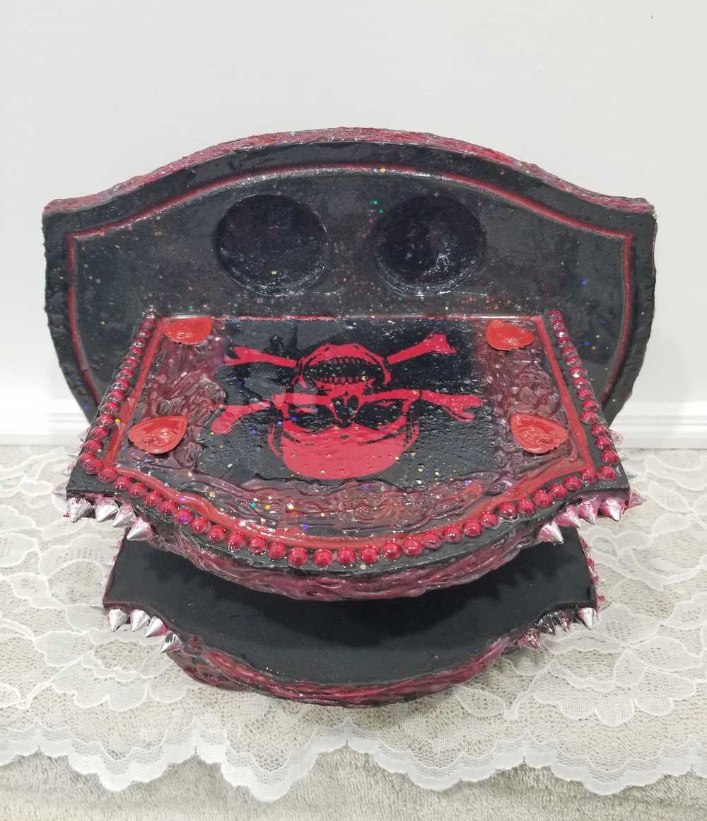 Black & Red Napkin Holder with Salt & Pepper Shakers Decorated with Red Cross & Bones Skull