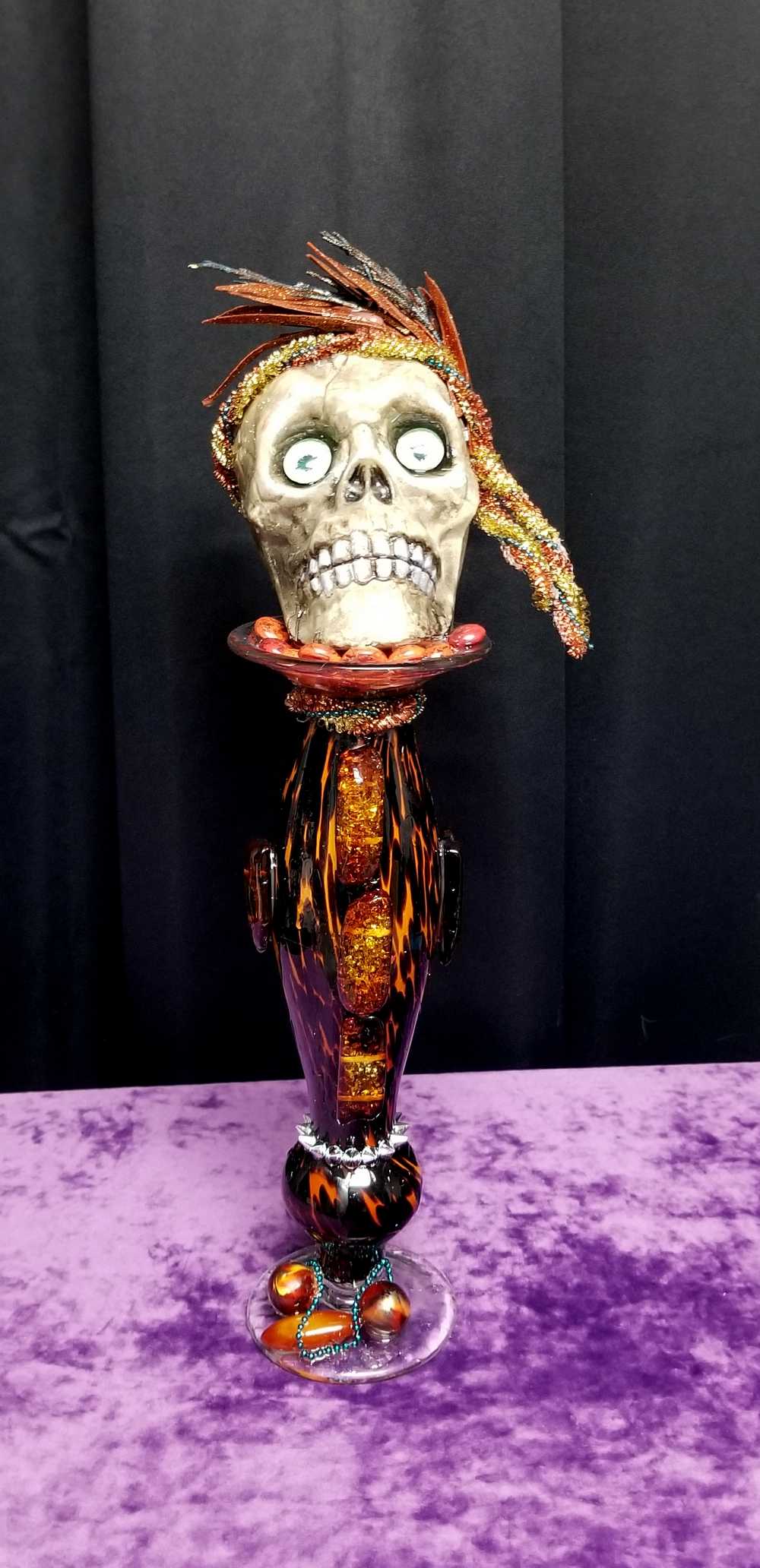 Ellegant Tiger Glass Skull with Silver Studs and Large Amber Beads