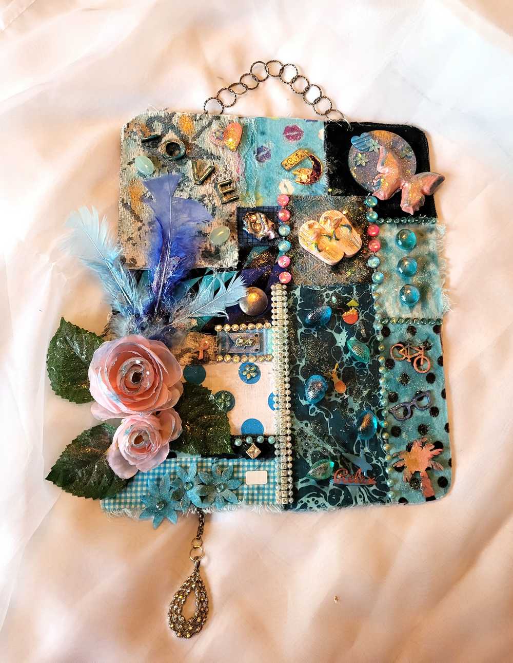 "SWEET TREAT" Wall Collage Hanger using Fabrics in Soft Blues and Teals, Wall Art