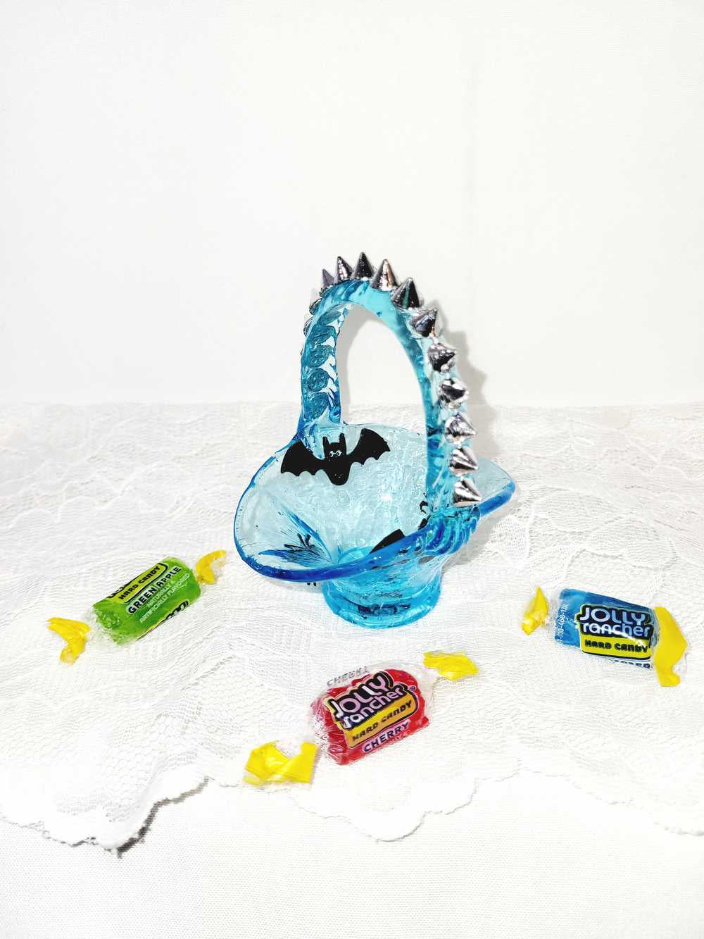 Danity Vintage Teal Glass Basket with added Sliver Studs, Bats and Spiders