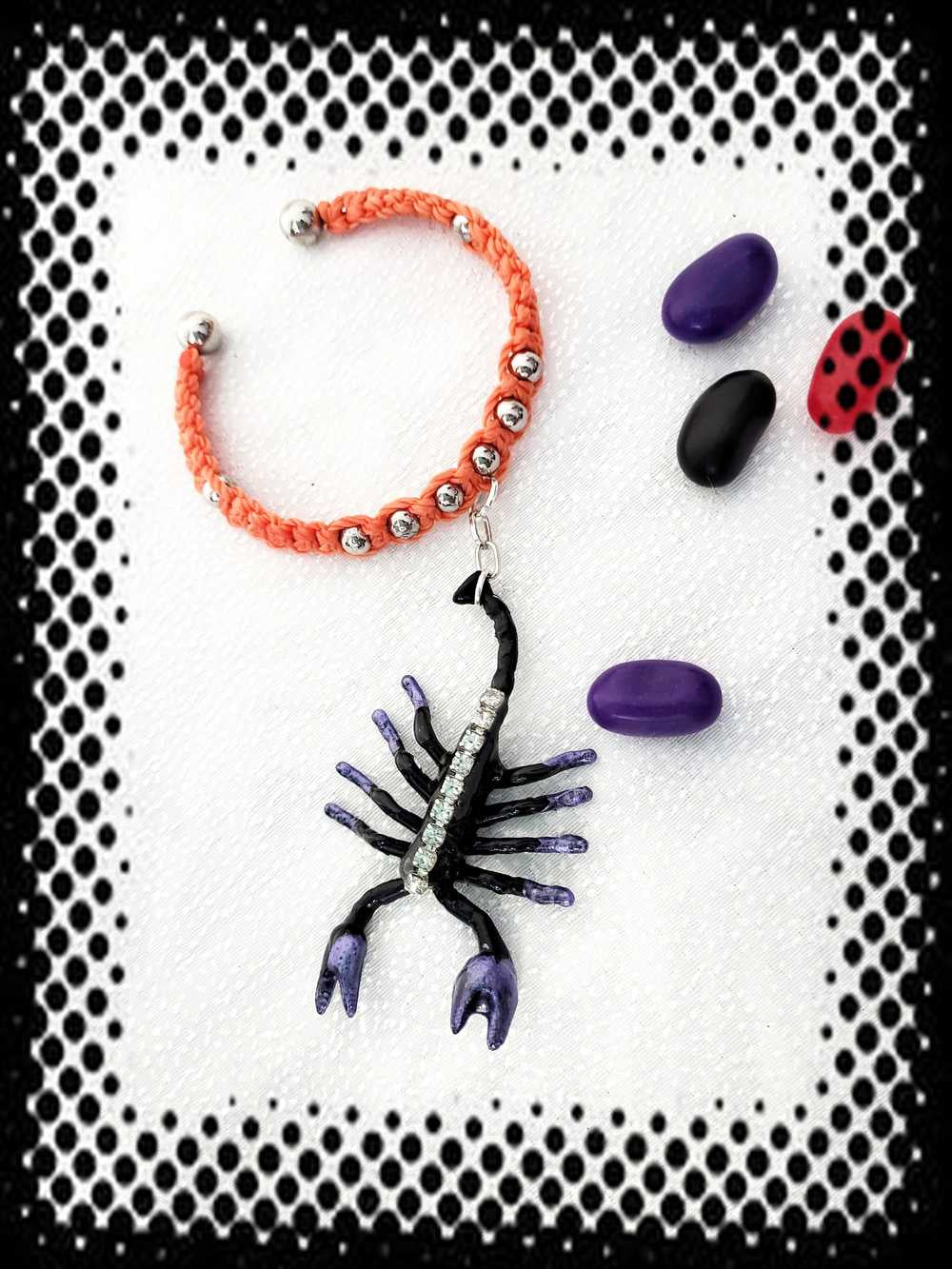Orange & Black Open Bracelet with Creepy Black Gem Encrusted Clear Rhinestones, For Halloween, Punk or Goth