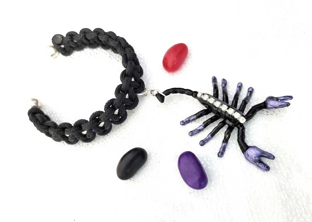 Creepy, Scary, Black Braided Open Bracelet with a Black & Purple Gem Encrusted Scorpion for Halloween or Everyday Wear