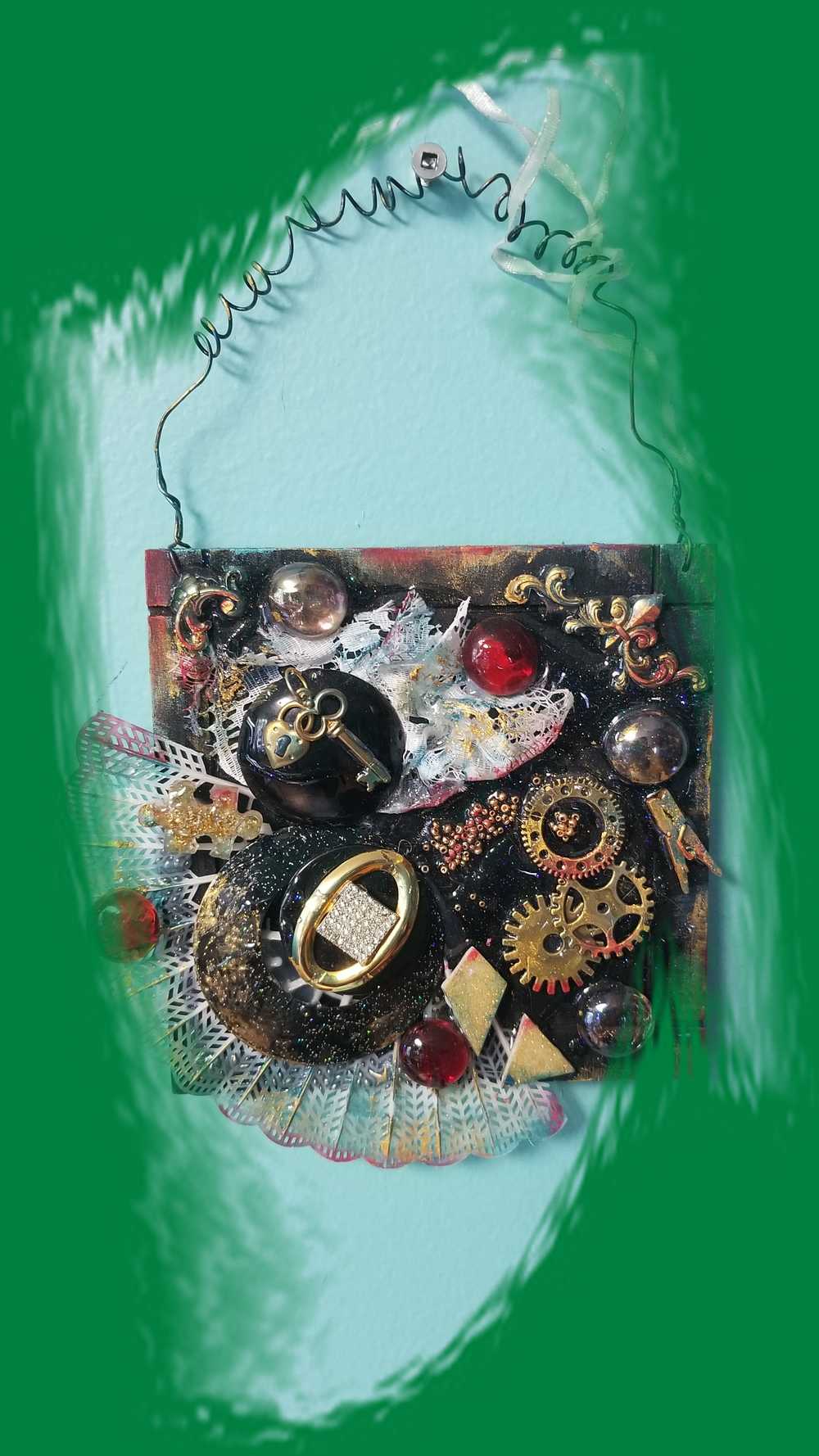 Black Gothic Wall Plaque with Gears, Buttons, Lace, Keys and Recycled Jewelry, Curly Wire for Hanging
