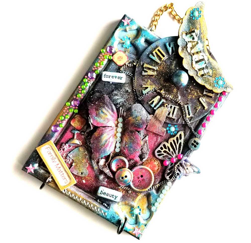 "Faith" Wood Wall Decor With Clock Face, Angel Wings & Butterflies, with Key Hooks