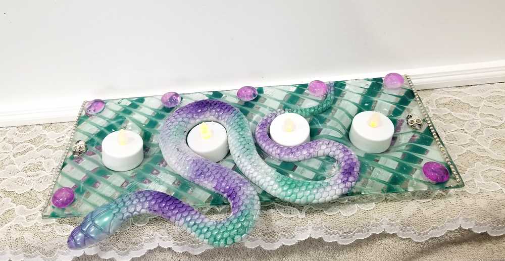 Teal & Purple Glass 4 Candle Holder with Resin Snake, Candy Dish
