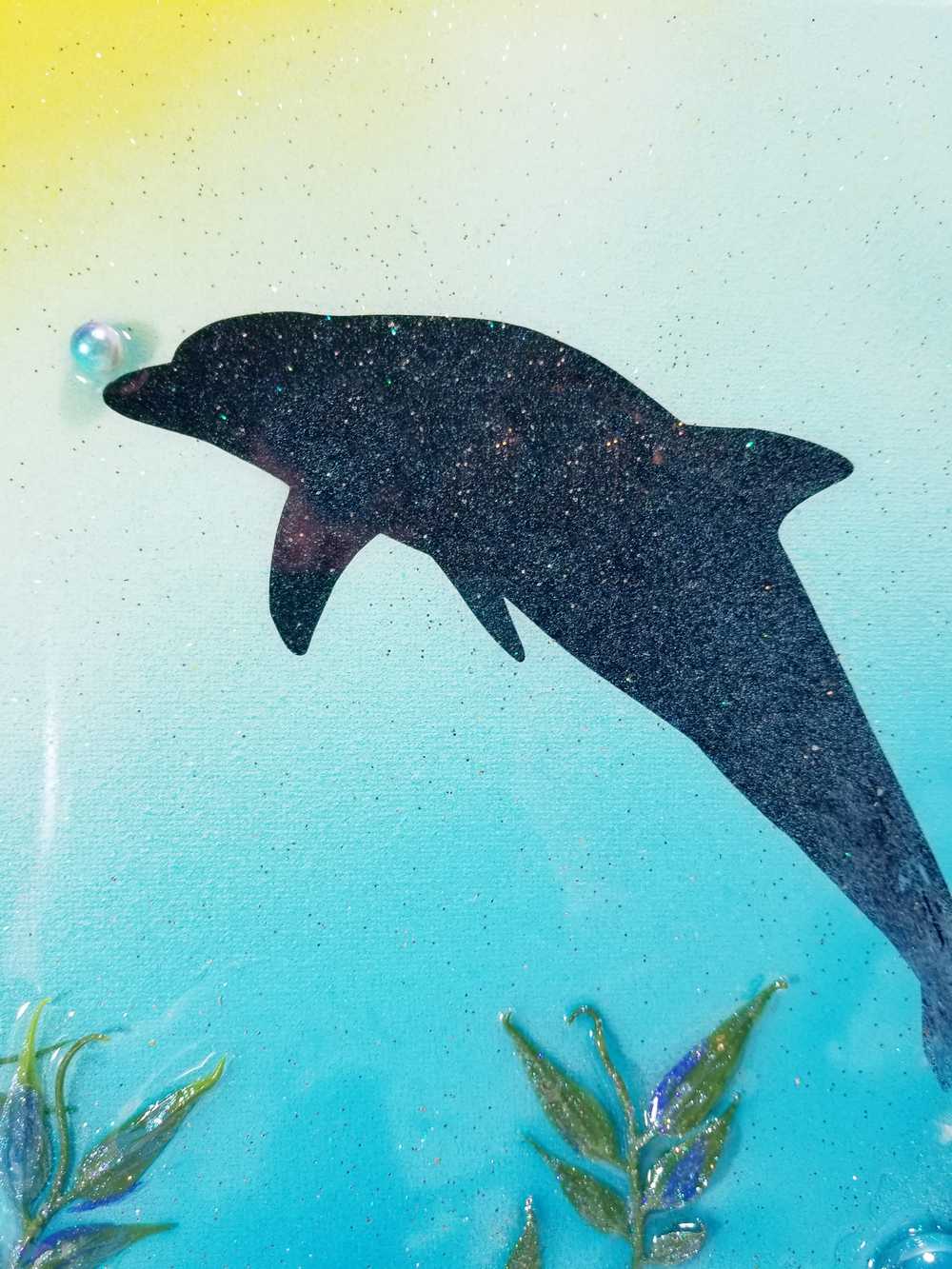 3D Canvas Resin Art with a Silhouette of a Dolphin, Seashells, Rocks and Foliage, 30 x 40 cm