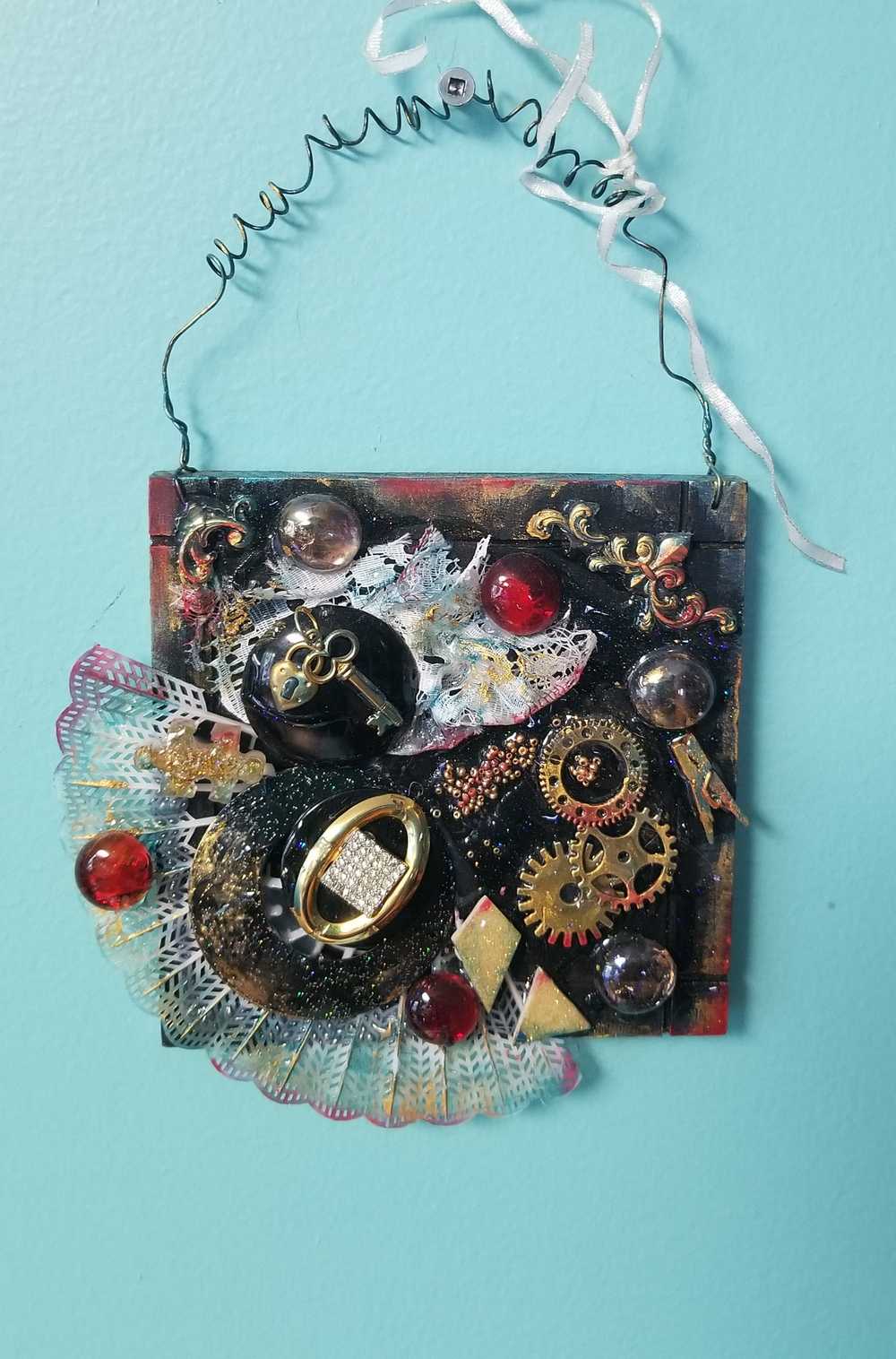 Black Gothic Wall Plaque with Gears, Buttons, Lace, Keys and Recycled Jewelry, Curly Wire for Hanging