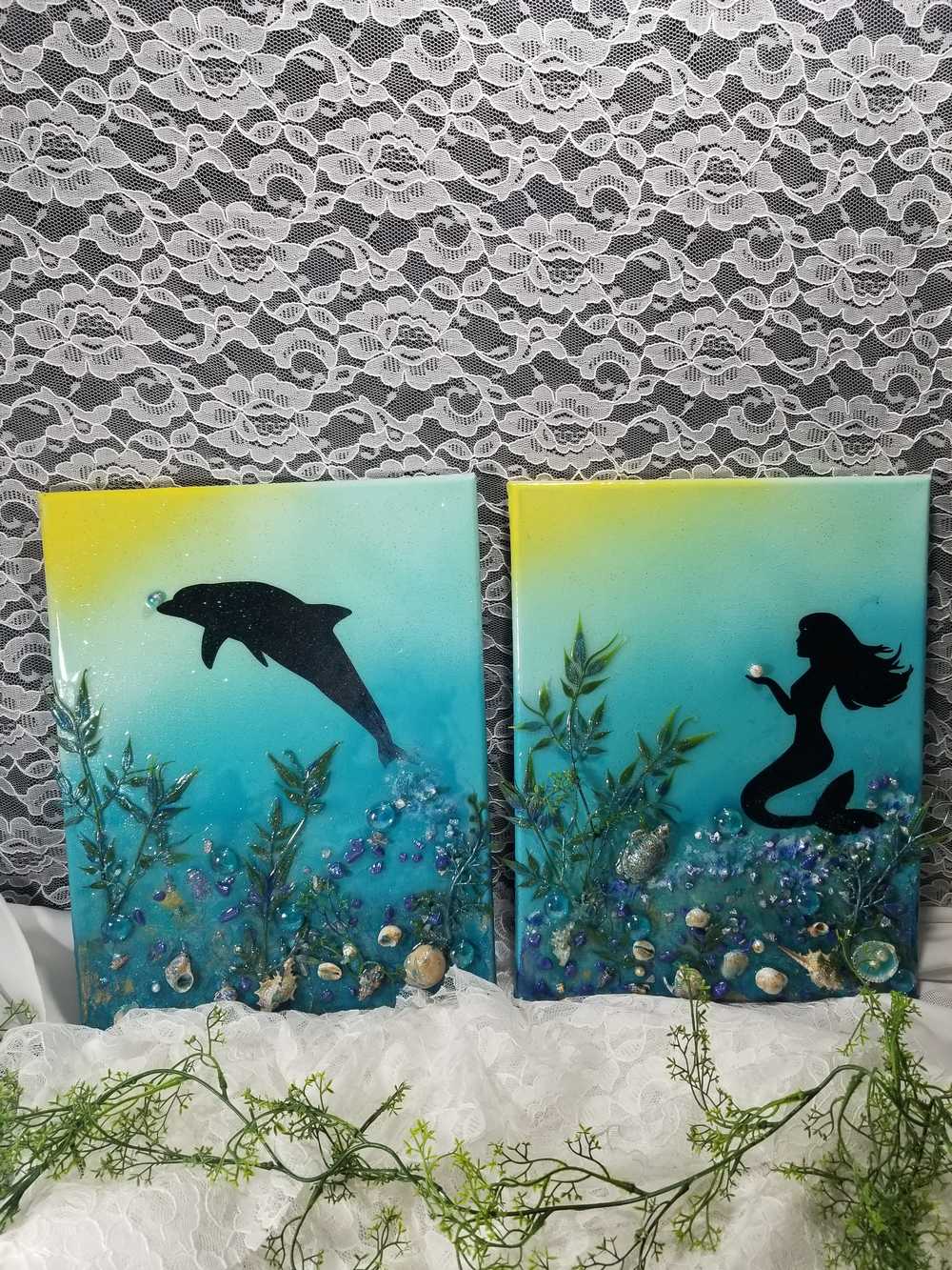 3D Canvas Resin Art with a Silhouette of a Dolphin, Seashells, Rocks and Foliage, 30 x 40 cm