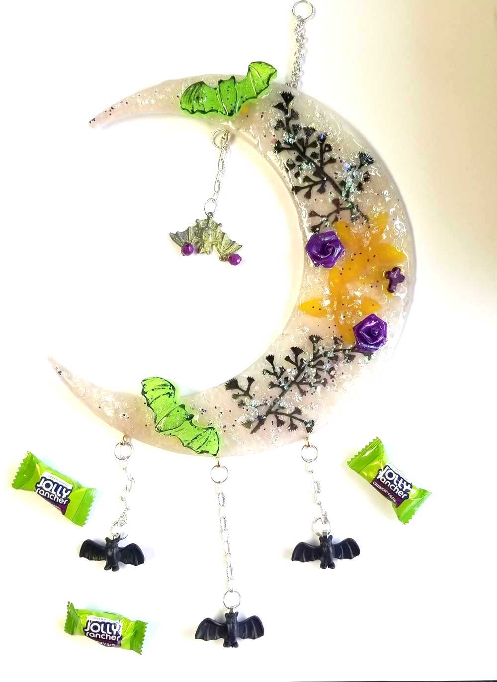 Resin Quarter Moon Bats, Spiders and Flowers