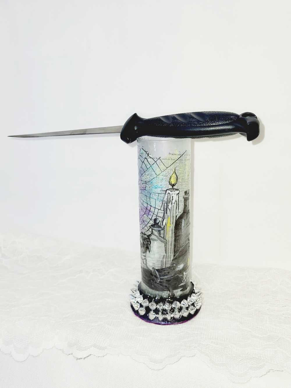 Glass Vase with Decoupage Crow, Potion Bottles, Candles, Cobwebs and Silver Studs, Gothic, Punk, Witch