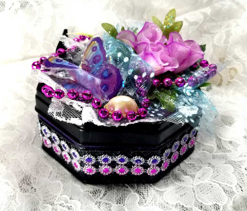 Black Tin Octagon Jewelry, Trinket, Stash Box with Snake Print, Roses and A Butterfly