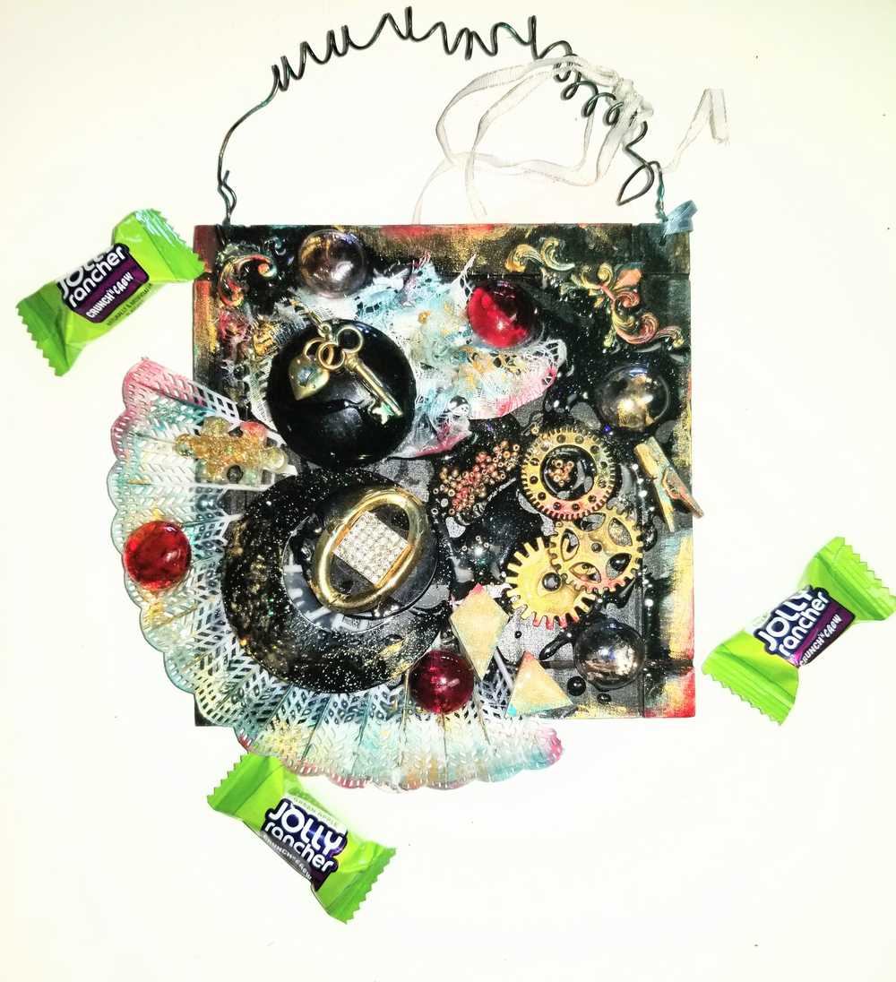 Black Gothic Wall Plaque with Gears, Buttons, Lace, Keys and Recycled Jewelry, Curly Wire for Hanging