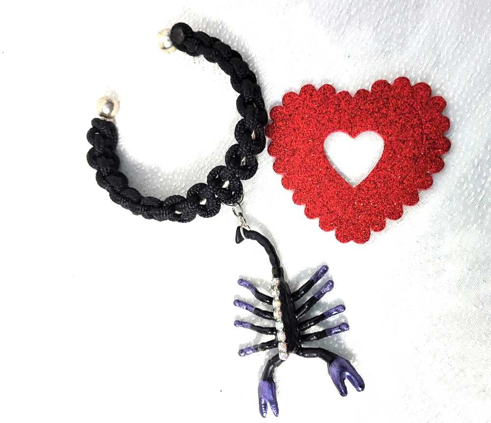 Creepy, Scary, Black Braided Open Bracelet with a Black & Purple Gem Encrusted Scorpion for Halloween or Everyday Wear