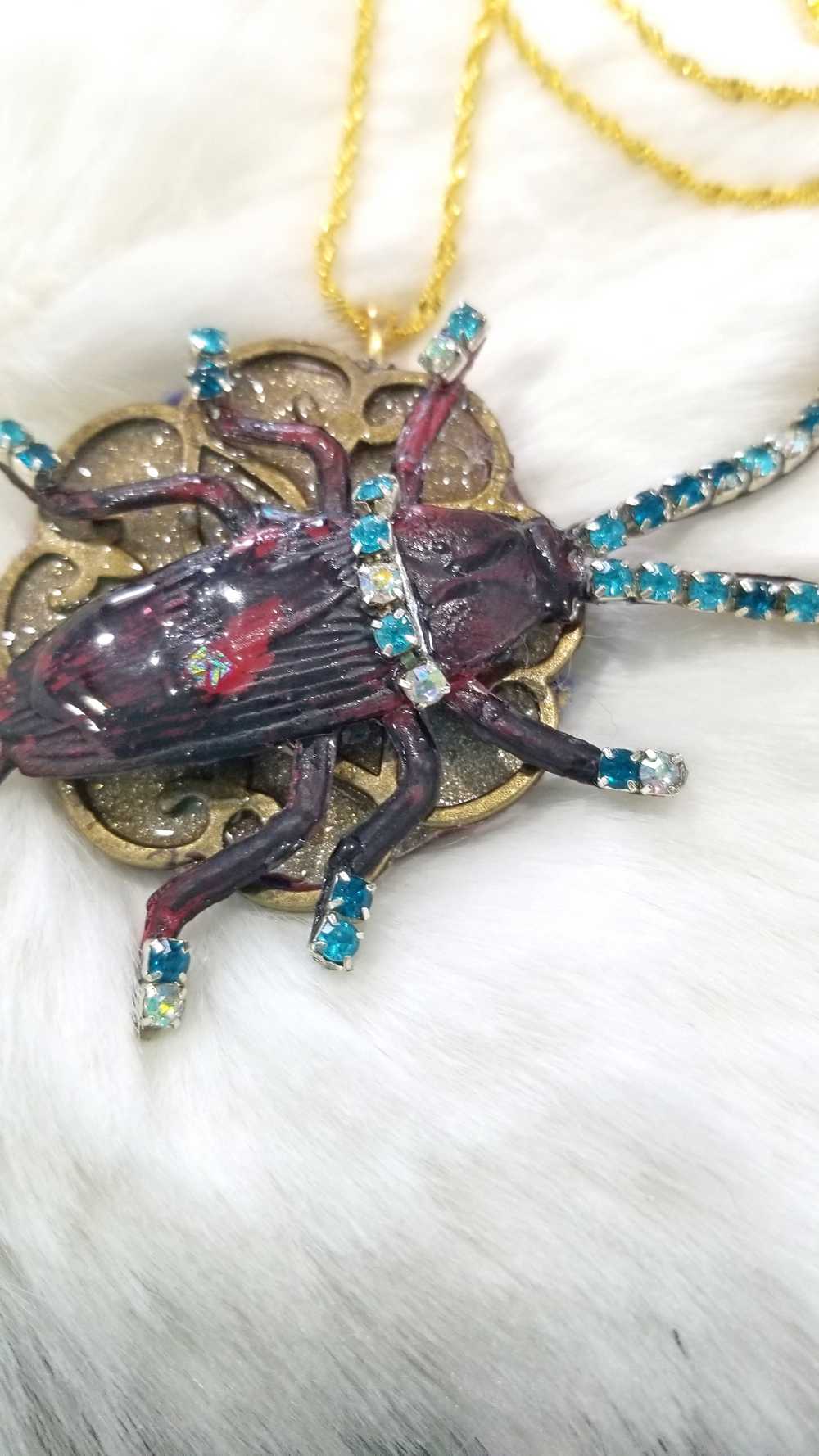 Beetle Bug Necklace for Halloween or Everyday Wear, Teal & Clear Rhinestones