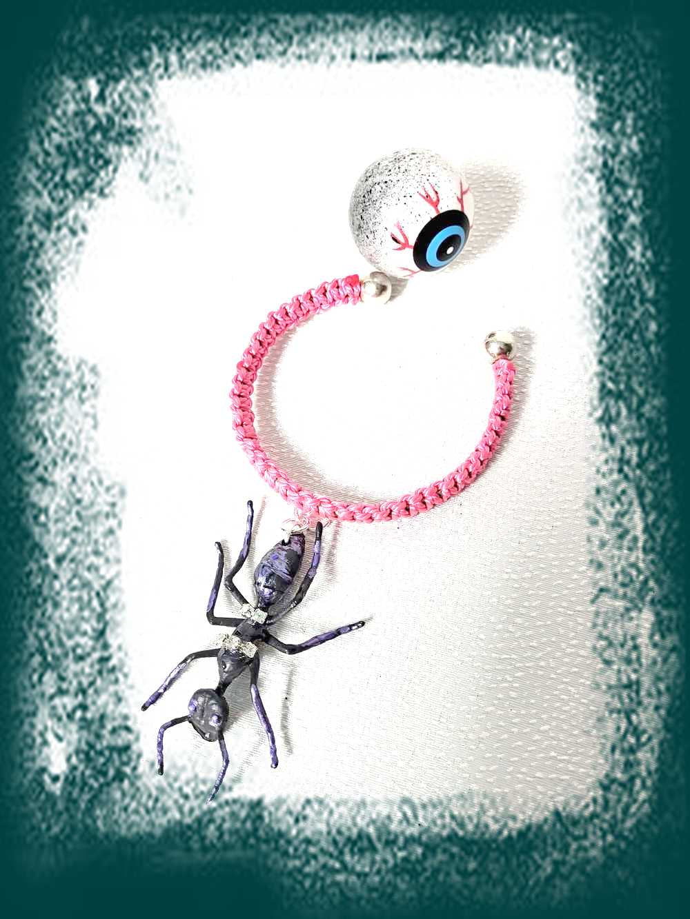 Eerie, Creepy Braided Pink Adjustable Bracelet with an Enormous Black Ant with Hint of Purplle Accents and Clear Rhinestones Across its Back