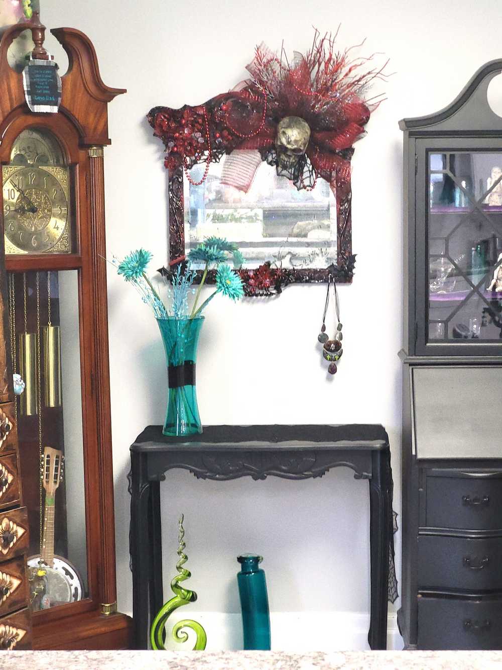 Large Antique Refurbished Skull Mirror in Red and Black with Bats & Spiders