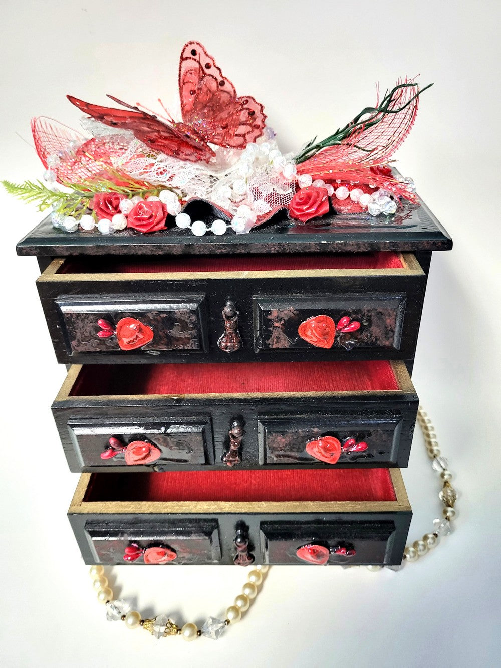 Black & Red 3 Drawer Ladies Jewlery Box with a Red Butterfly, Red & White Lace with Hearts on the Handles