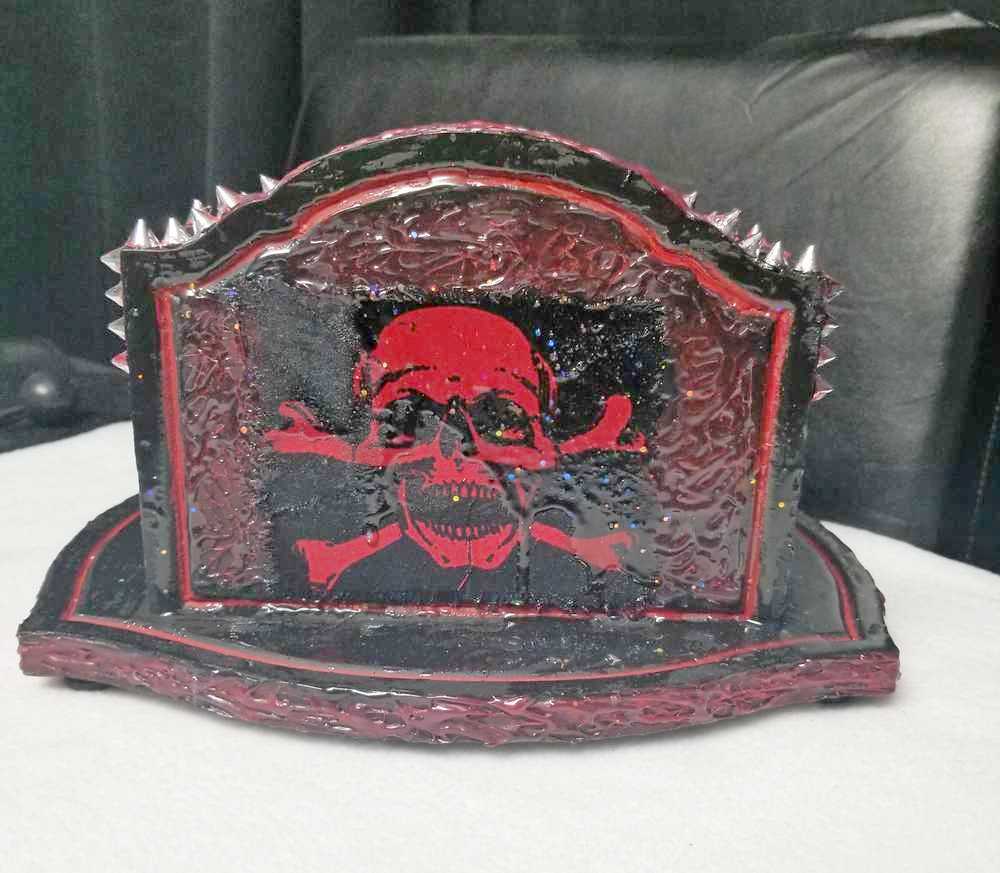 Black & Red Napkin Holder with Salt & Pepper Shakers Decorated with Red Cross & Bones Skull