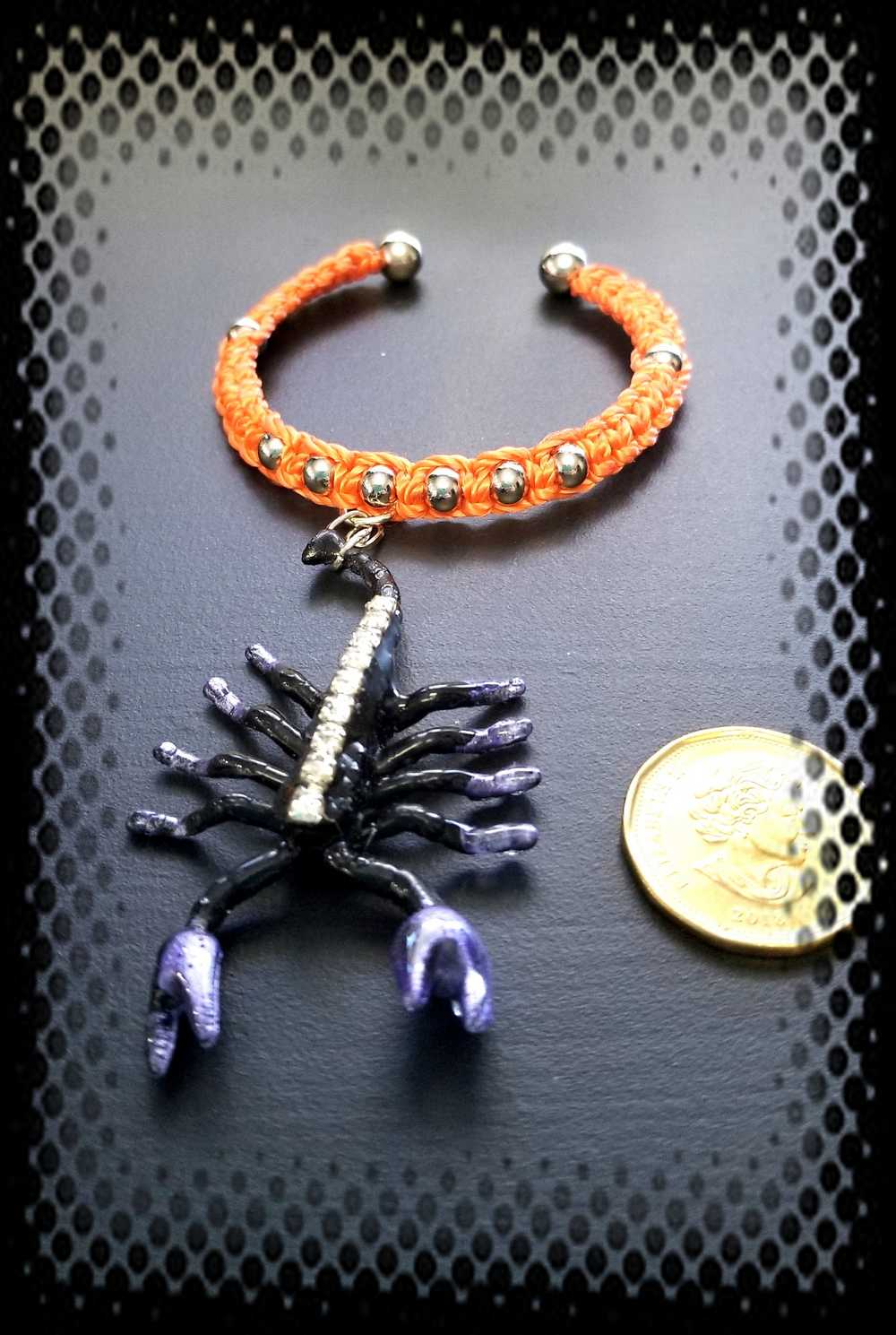 Orange & Black Open Bracelet with Creepy Black Gem Encrusted Clear Rhinestones, For Halloween, Punk or Goth