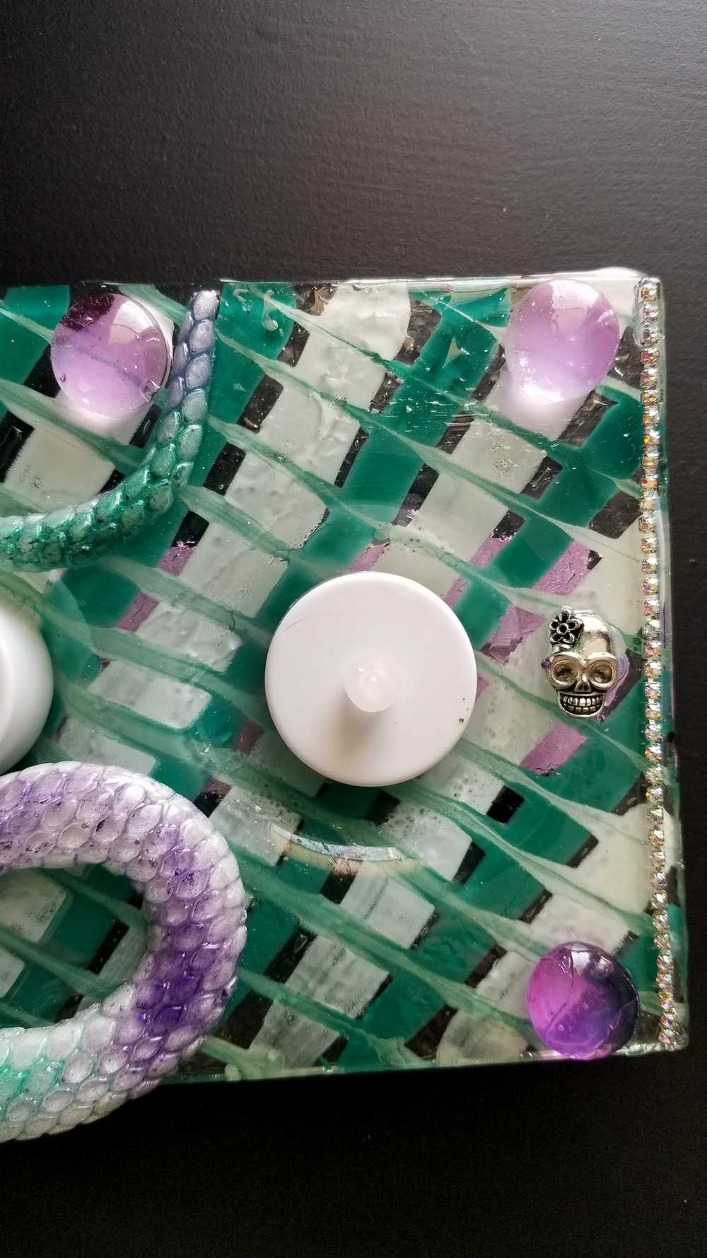 Teal & Purple Glass 4 Candle Holder with Resin Snake, Candy Dish