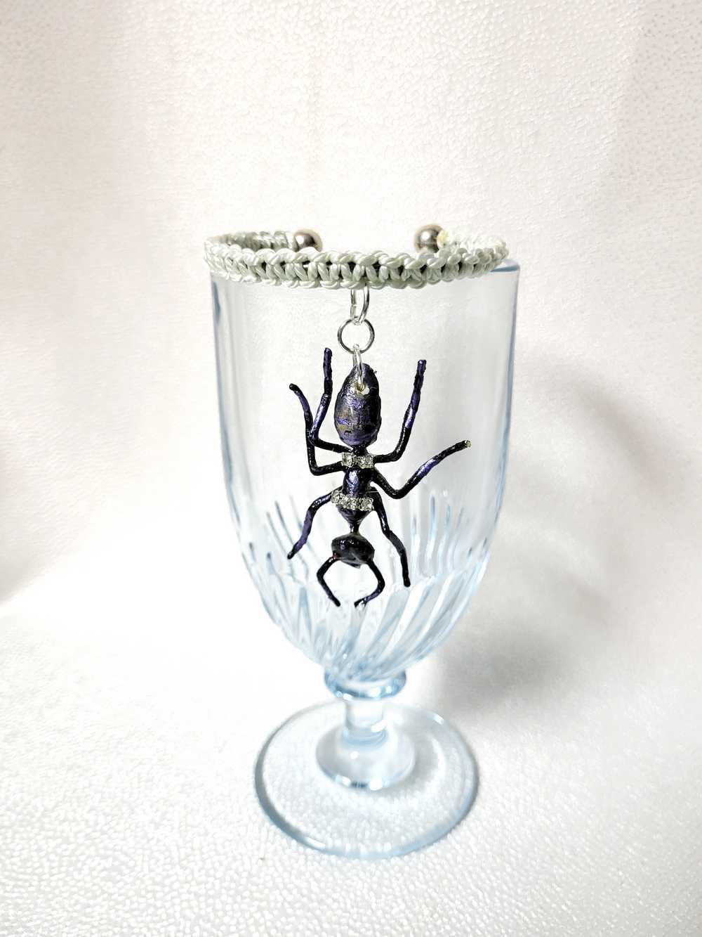 Giant Black Ant Bracelet Encrusted with Rhinestones For Halloween, Punk, Goth, White Braided Open Bangel