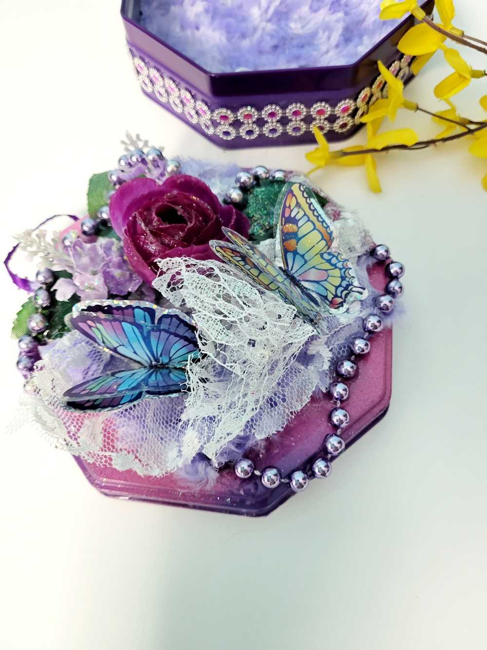 Tin Box Repurposed into a Jewelry Box, Two Butterflies and Deep Purple Rose on Lace