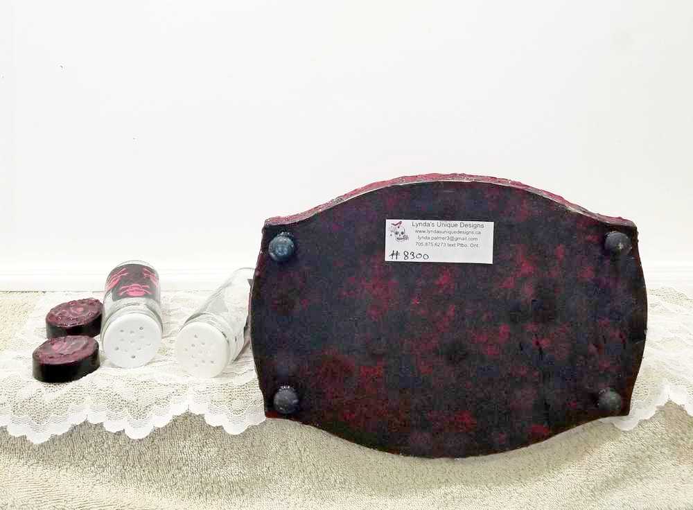 Black & Red Napkin Holder with Salt & Pepper Shakers Decorated with Red Cross & Bones Skull