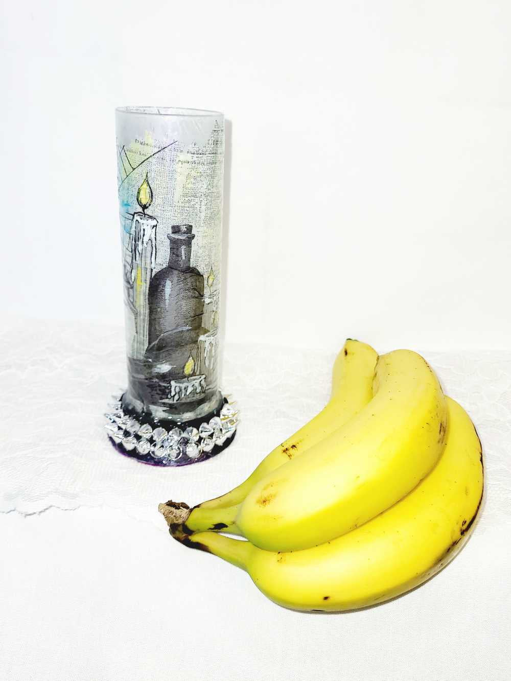 Glass Vase with Decoupage Crow, Potion Bottles, Candles, Cobwebs and Silver Studs, Gothic, Punk, Witch