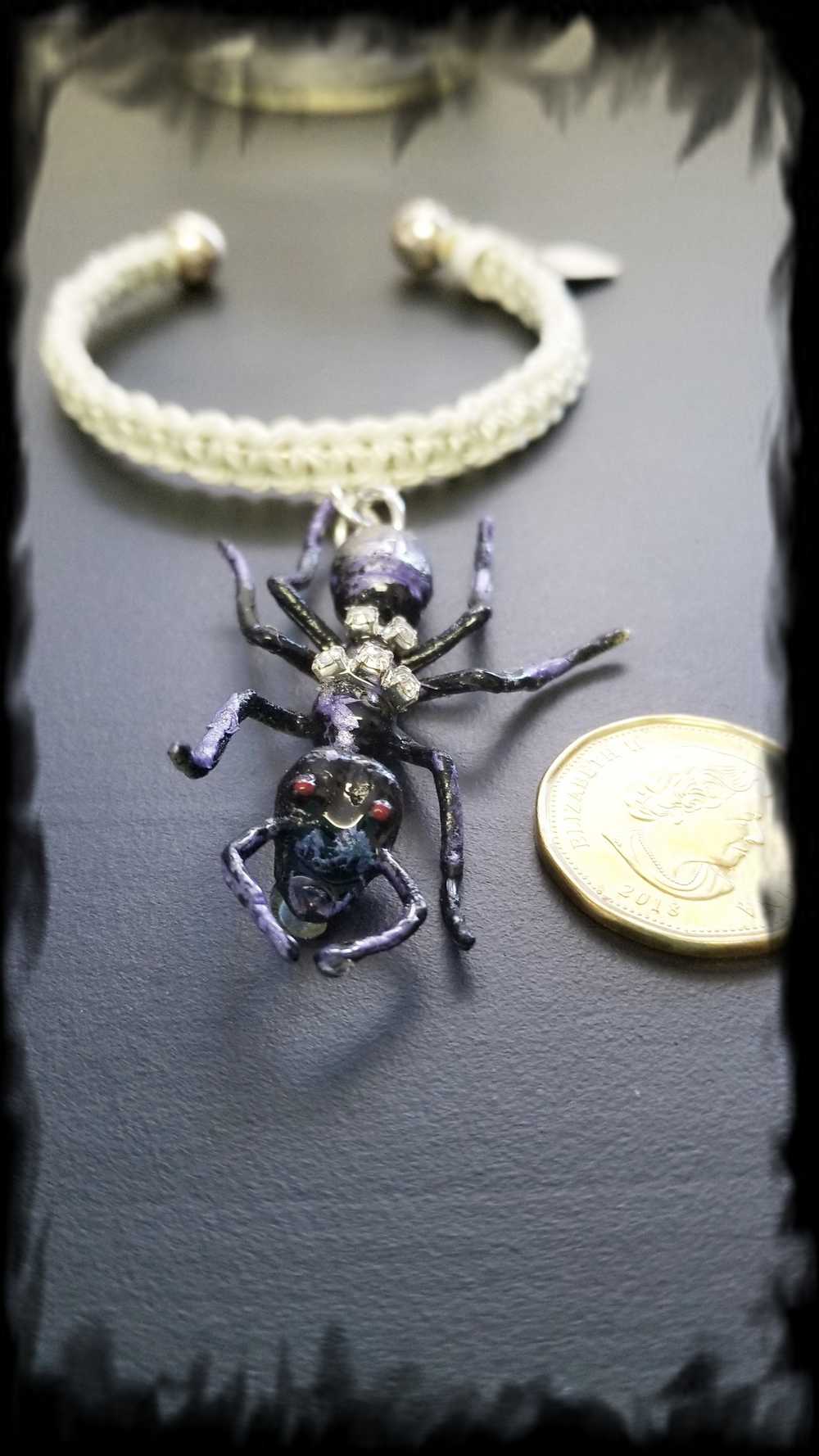 Giant Black Ant Bracelet Encrusted with Rhinestones For Halloween, Punk, Goth, White Braided Open Bangel