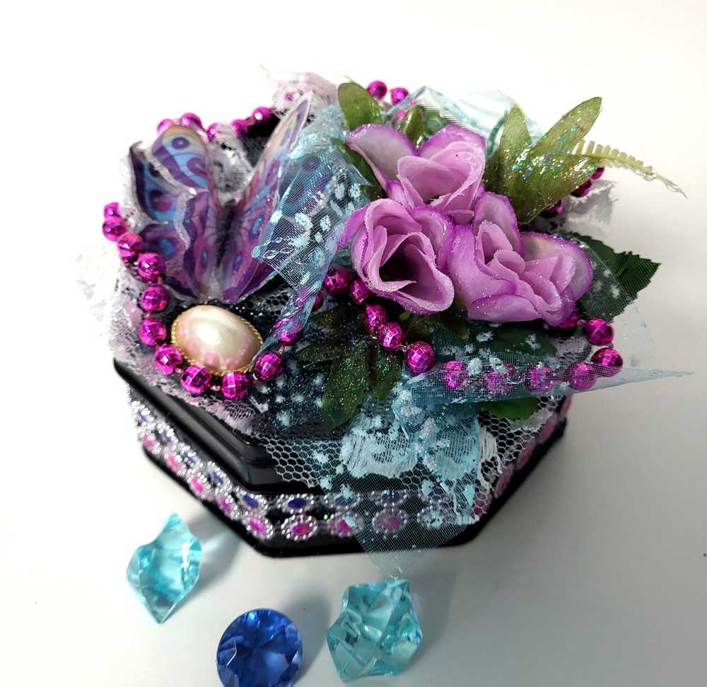 Black Tin Octagon Jewelry, Trinket, Stash Box with Snake Print, Roses and  A Butterfly